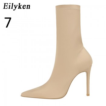 Eilyken Comfort Stretch Women Sock Boots Square High Heel Ankle Boots Fashion Pointed Toe Fall Stretch Shoes Black Big Size 2020